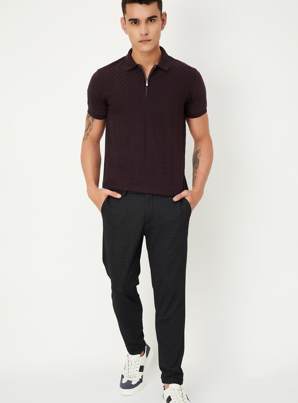 Men Slim Fit Textured Zipper Polo T-shirt