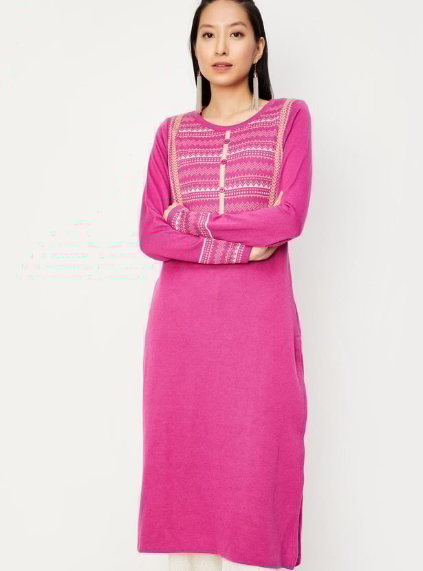 Women Jacquard Winter Kurta with Pocket