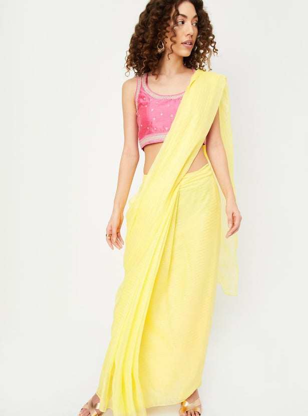 Women Striped Pre-Stitched Saree and Blouse Set